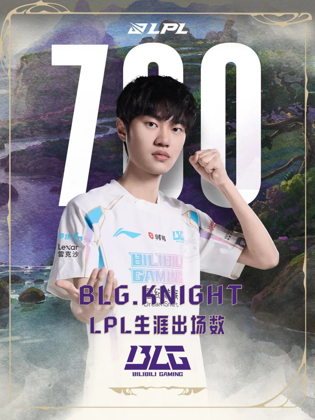 在今日BLG对战NIP的比赛中，Knight达成了在LPL的第700次出场，是第