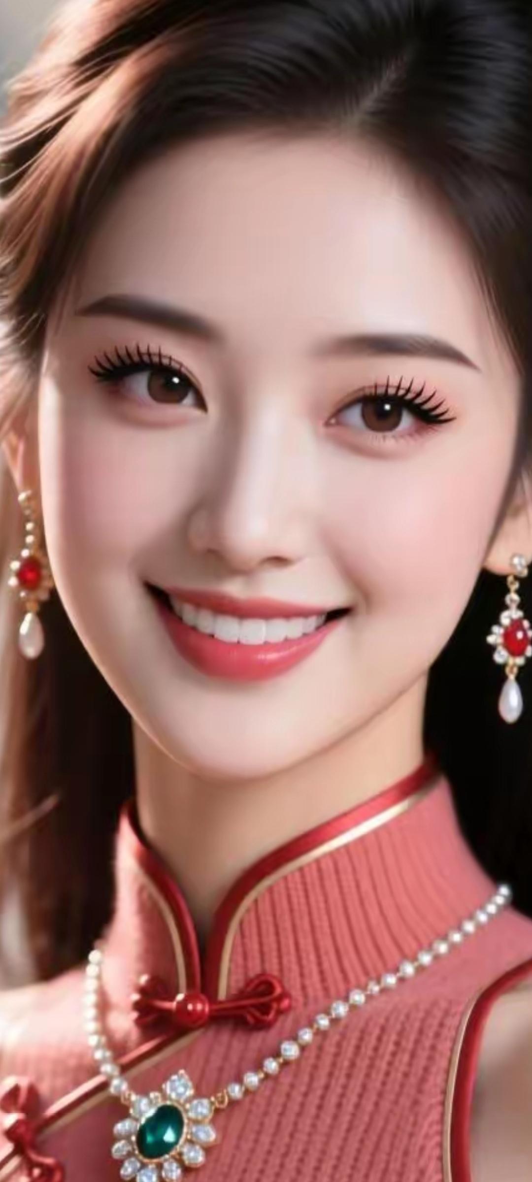 甜美笑容，红衣配饰，东方美人风采！