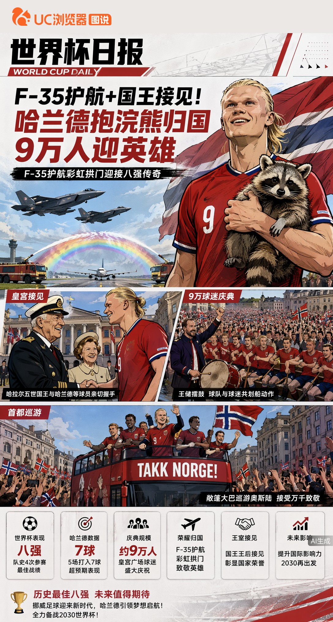 F-35护航+国王接见！哈兰德抱浣熊归国，9万人迎英雄