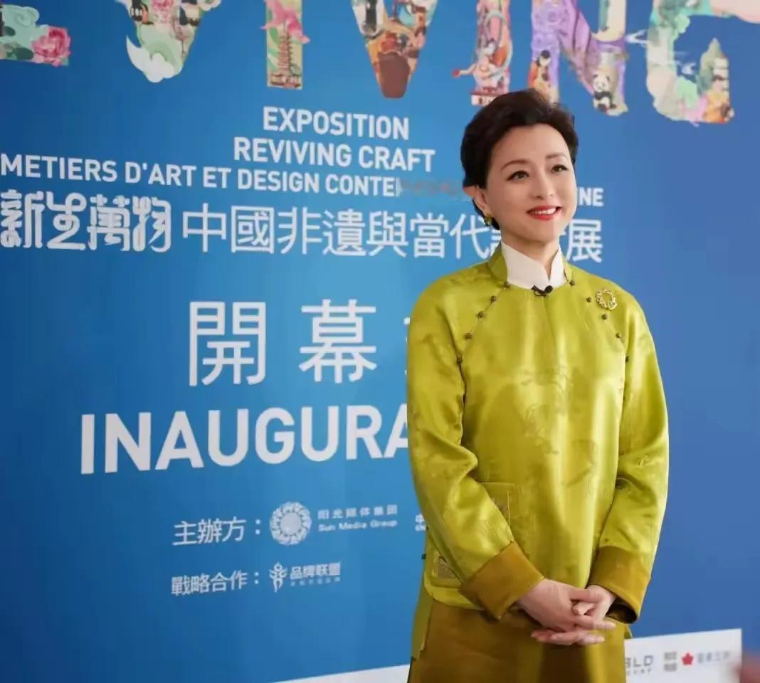 56岁的杨澜身着新中式套装优雅立于外国艺术家中间，气质卓然。新中式风格尽显东方韵