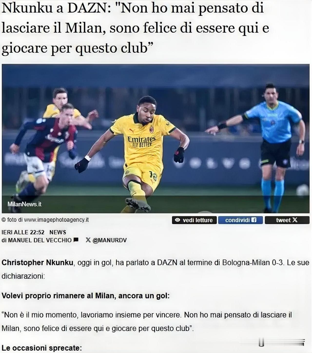 恩昆库！恩昆库在博洛尼亚与米兰之战赛后接受了采访表示我们为了胜利在共同努力。我从