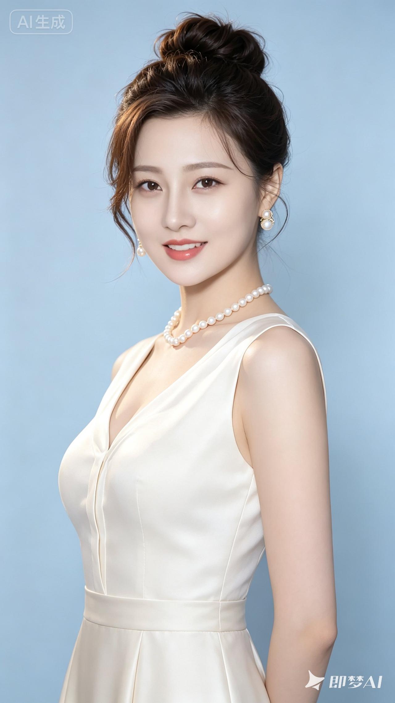 这位美女穿着优雅的裙子，微笑着看镜头。