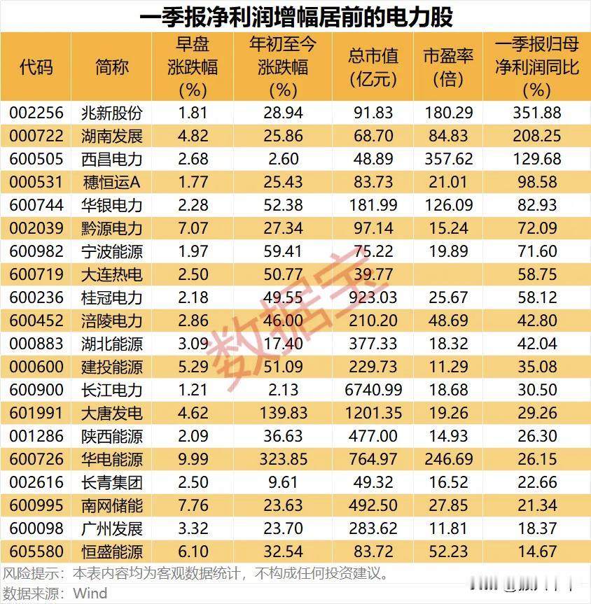 一季报净利润增幅居前的电力股！