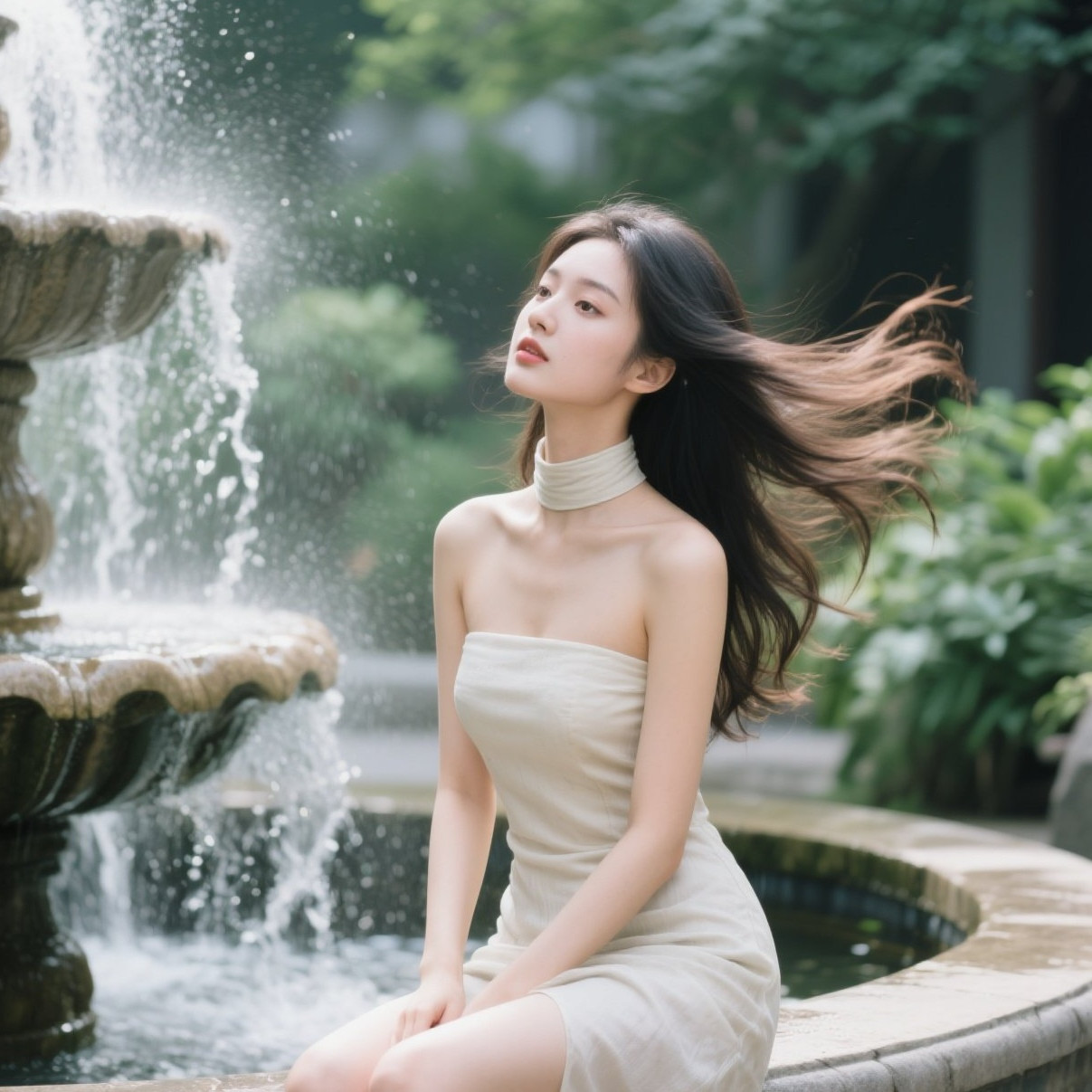 清波荡漾映佳人，玉体纤腰入镜来