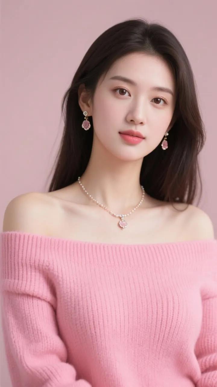 温柔粉嫩少女风，甜美粉色毛衣搭配珍珠项链，温柔可人！💖🌸