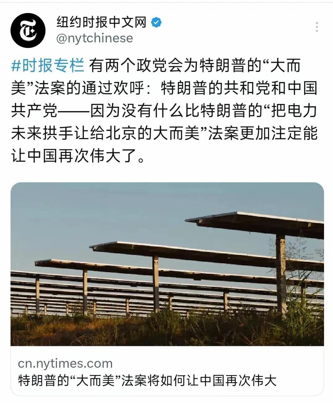 《纽约时报》太坏了，明明是自己内部分歧，却又想甩锅给中国。“两个政党会为'大而美