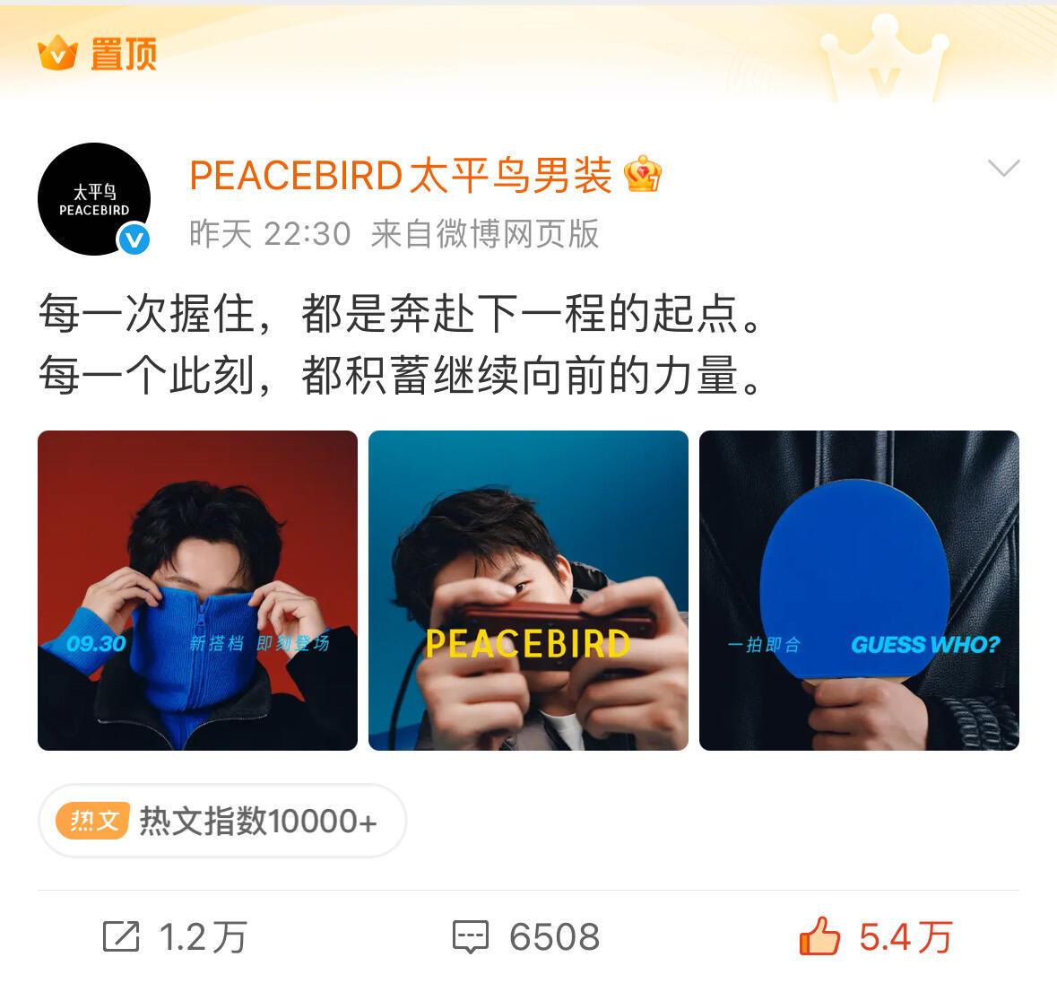 王楚钦代言太平鸟了，真的太帅气了，成熟成功男人的背后，蓄力、前行、共勉！王队长