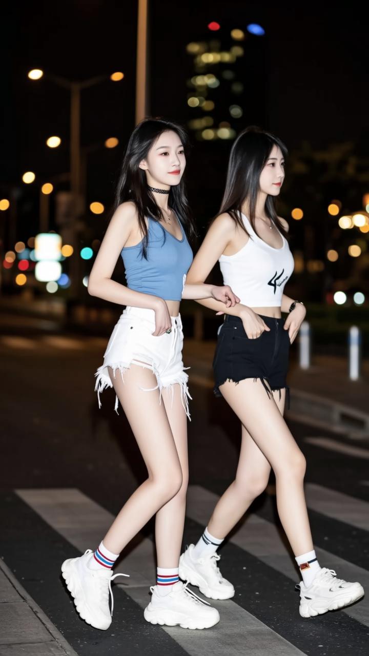 夜晚街拍，姐妹穿搭，时尚街拍，闺蜜出街，青春活力