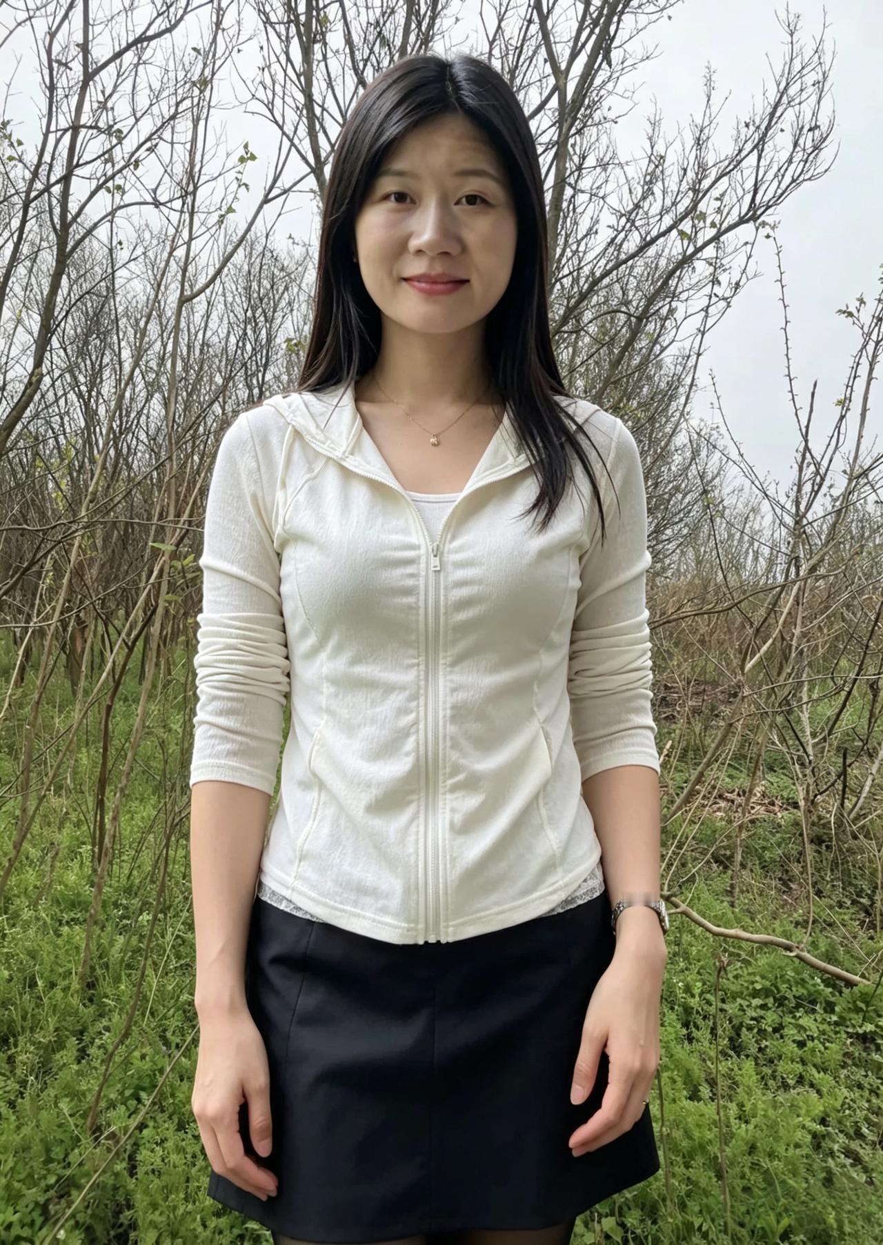 林间春浅草初芳，俏立清风气质扬。素上衣衫添雅致，短裙轻曳态端庄。明眸温婉含笑