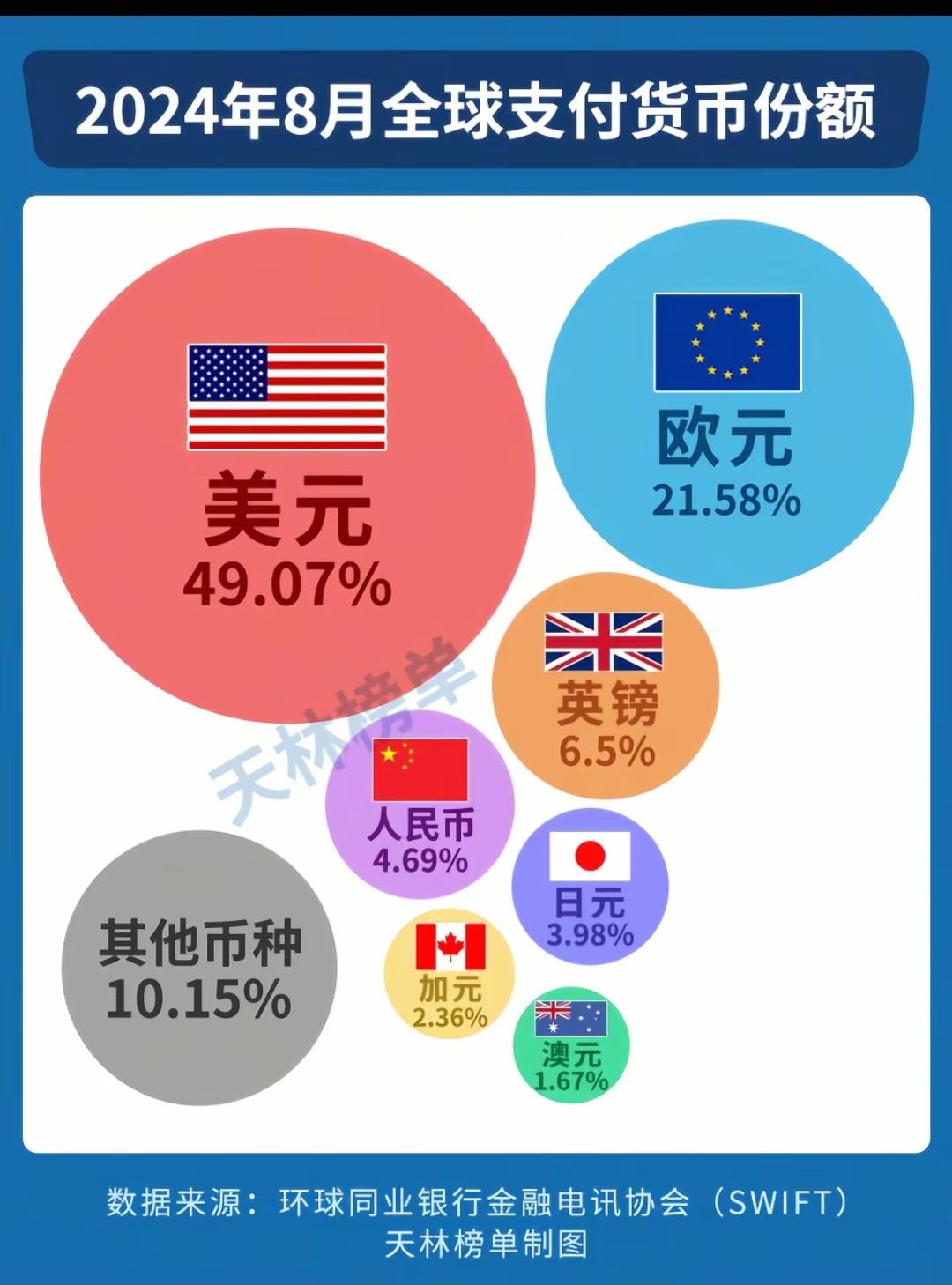 2024年8月全球支付货币份额。实际这10年美元支付占比在连续上升，从43%上升
