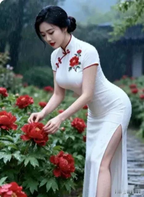 雨中赏花，优雅旗袍，别有一番韵味江南美女旗袍旗袍风景旗袍庭院照江南旗袍伞照