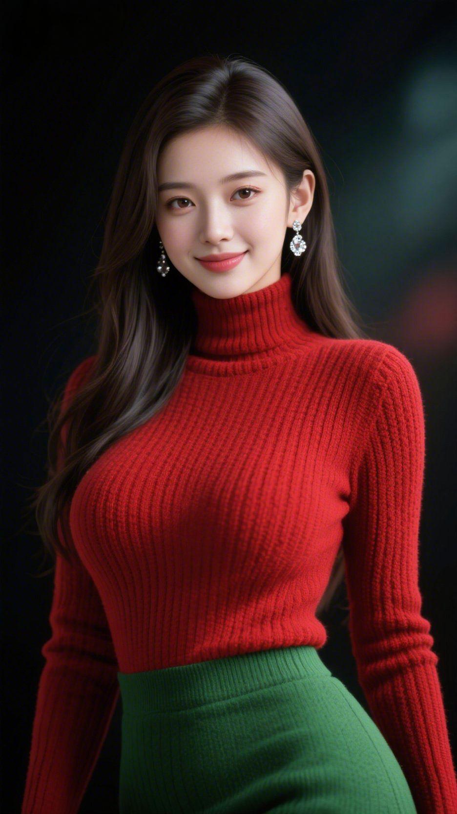 红衫载满暖柔暗调背景中，她以红棕针织衫配翠绿裙，恰似将冬阳的暖与新柳的柔融