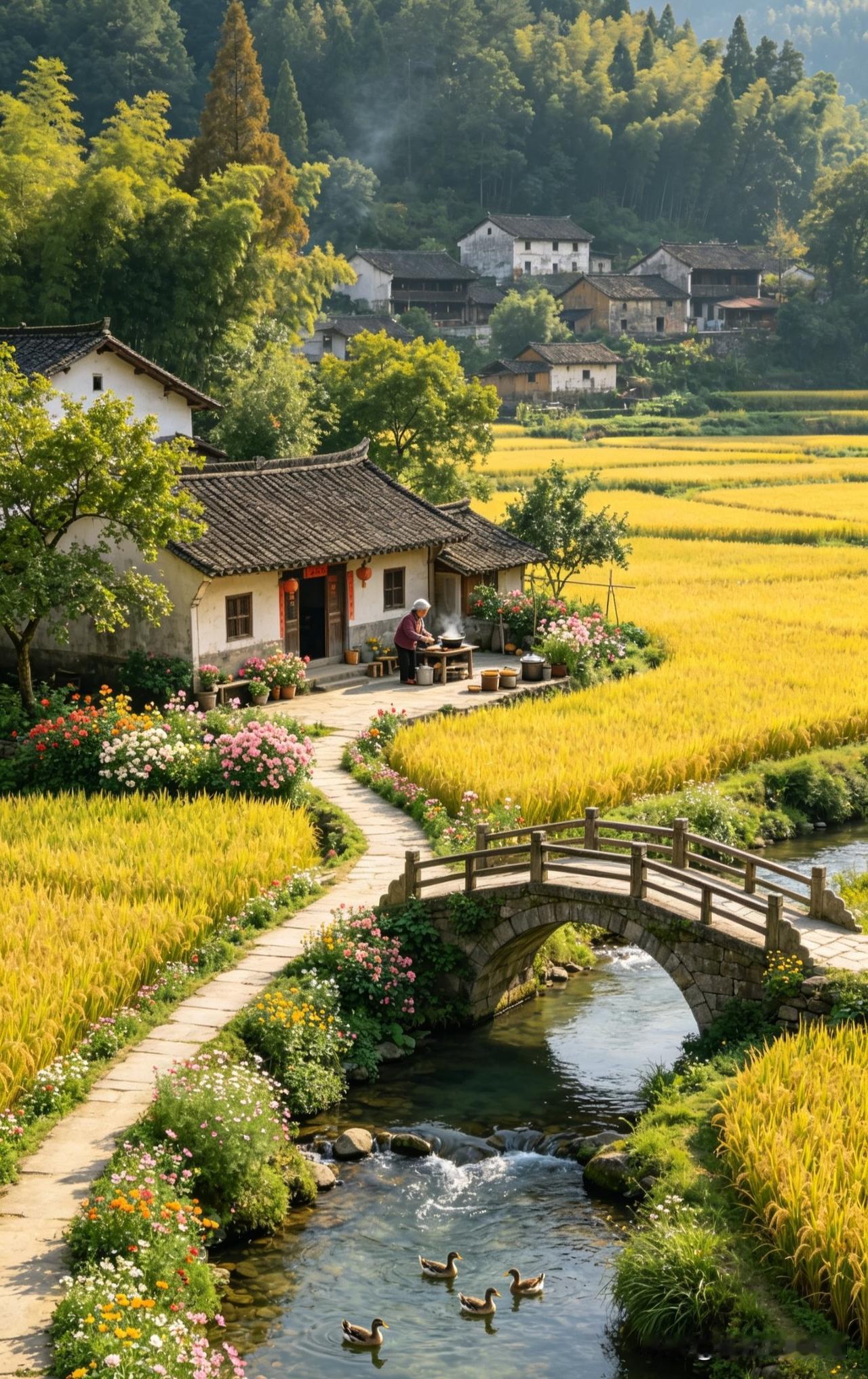 金秋田园，稻浪翻涌如锦。白墙黛瓦的老屋静立田畔，门前花团锦簇，老人正忙碌炊煮。石