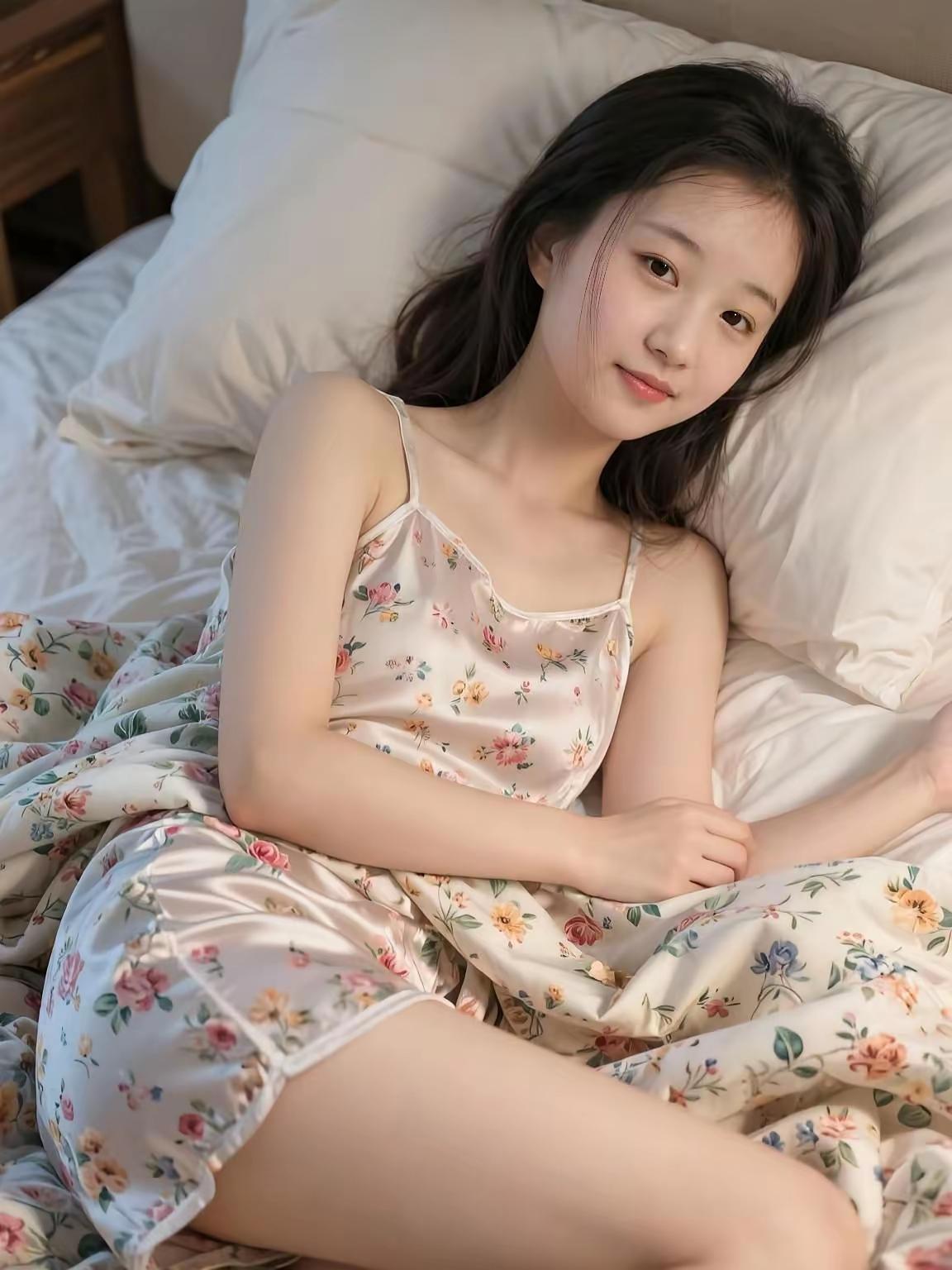 慵懒午后，花裙少女在柔软的床上小憩。
