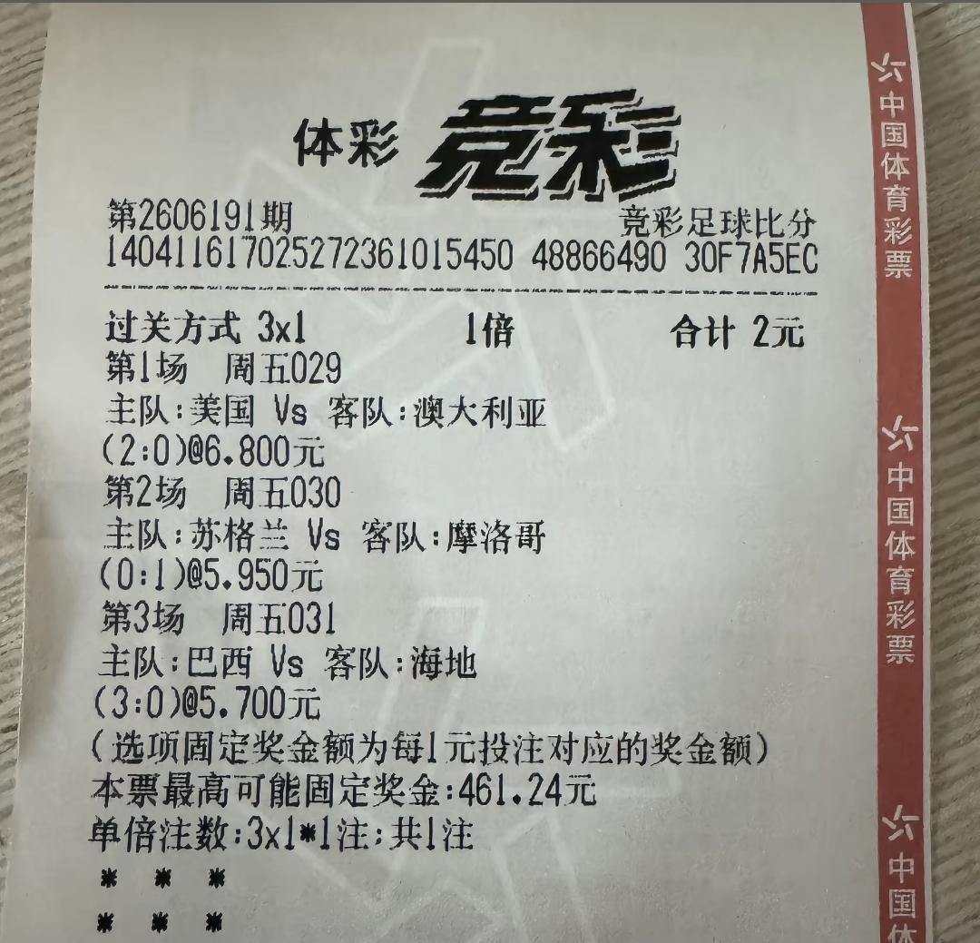 牛人！两块钱斩获461元！这位牛人预测的比分全部都对，很可惜只投注了两元，如