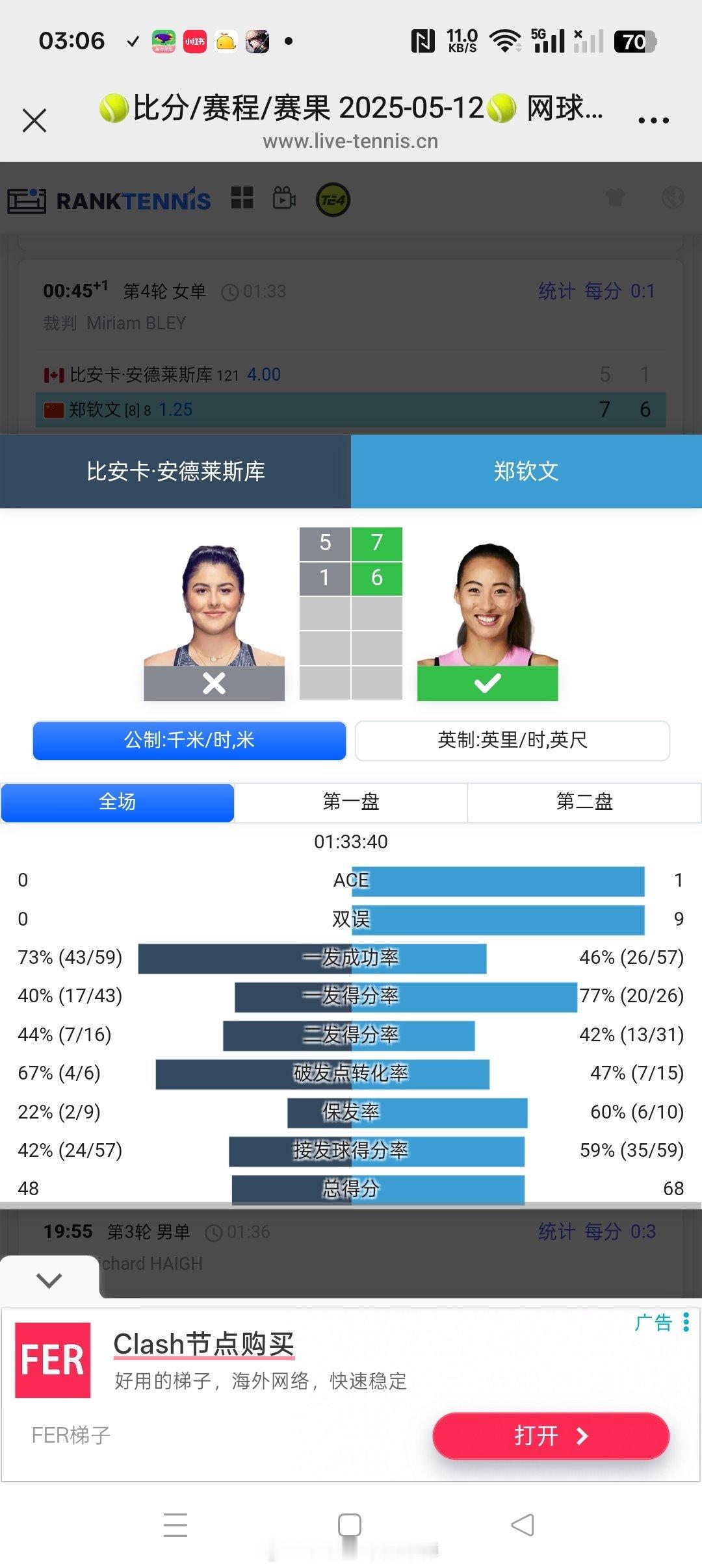 小花小草资讯【罗马1000】女单正赛第四轮:🇨🇳8号种子郑钦文7-
