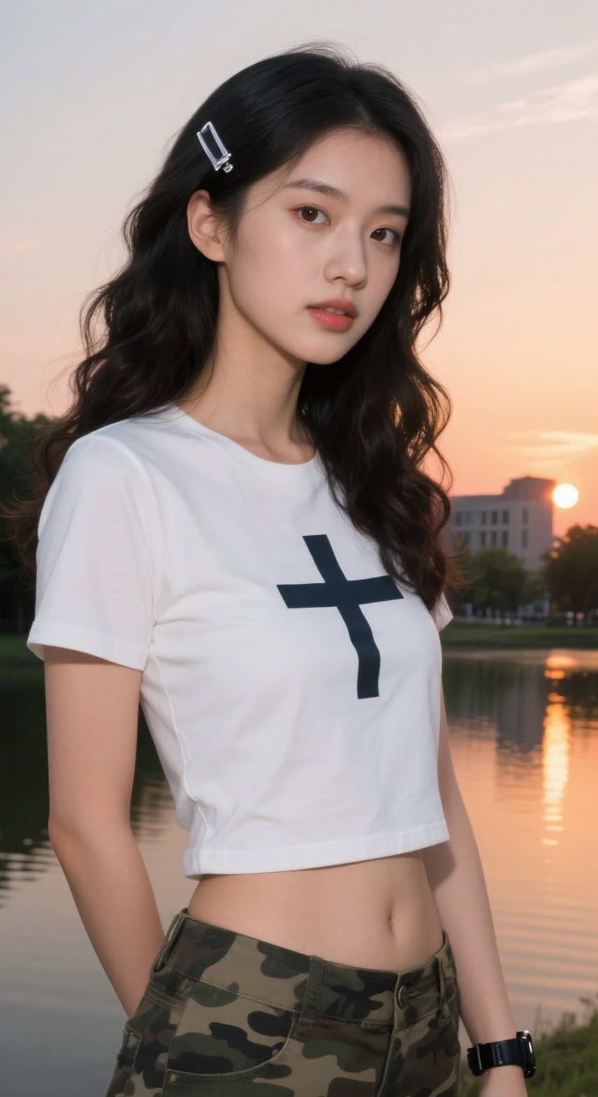 娇俏少女湖边嬉戏，可盐可甜灵动十足