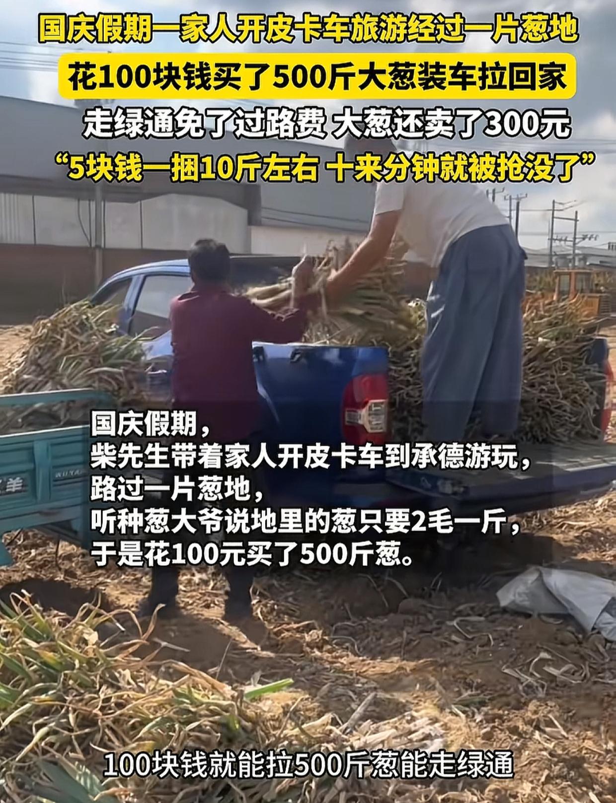 北京男子开着皮卡车出门旅游，花100元买了500斤大葱，不但走绿通省了107元高
