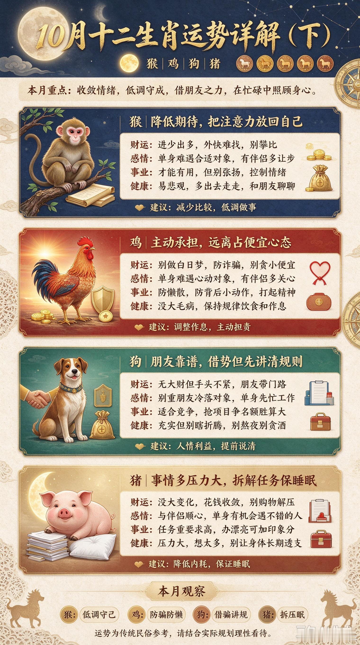 10月十二生肖运势详解（下）猴这个月容易钻牛角尖，想法跟周围人格格不入。建议降低期待、减少比较、把注