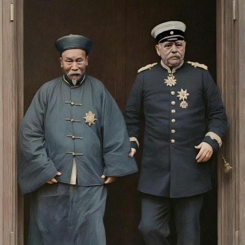 1896年，李鸿章和俾斯麦并肩而行，一张罕见的留影，作为当时东西方的两位名人，他