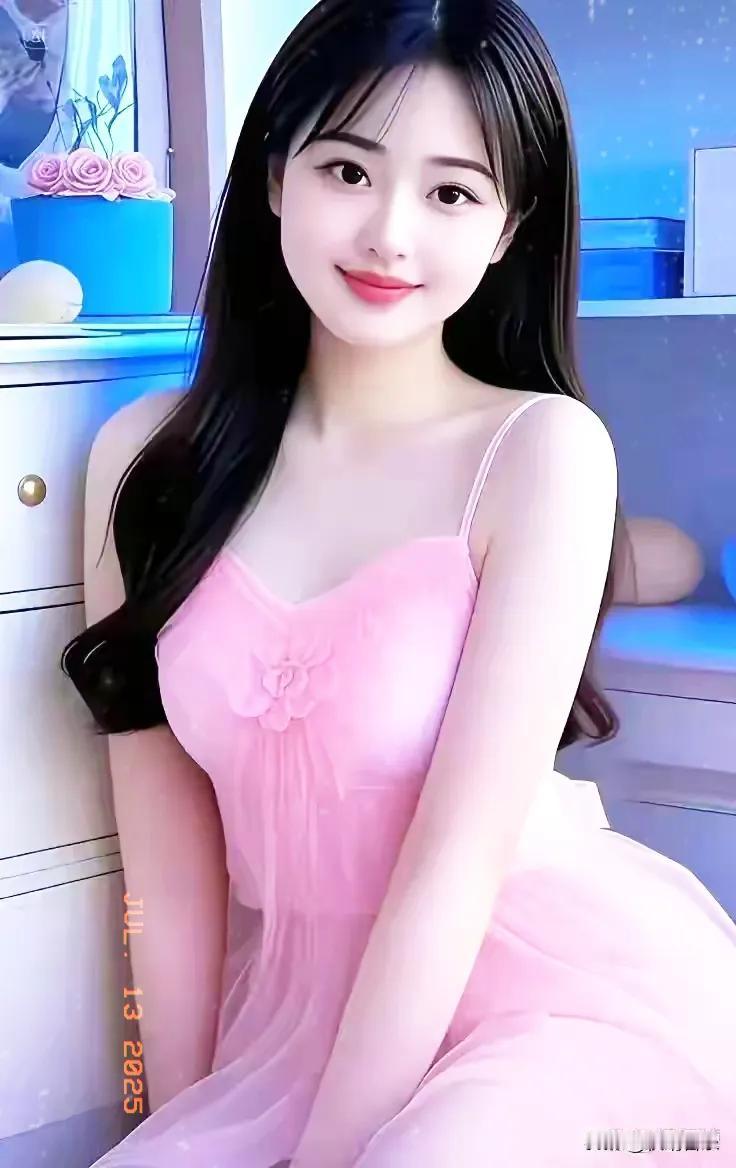 温柔粉裙少女，甜美微笑，梦幻背景，夏日清新。