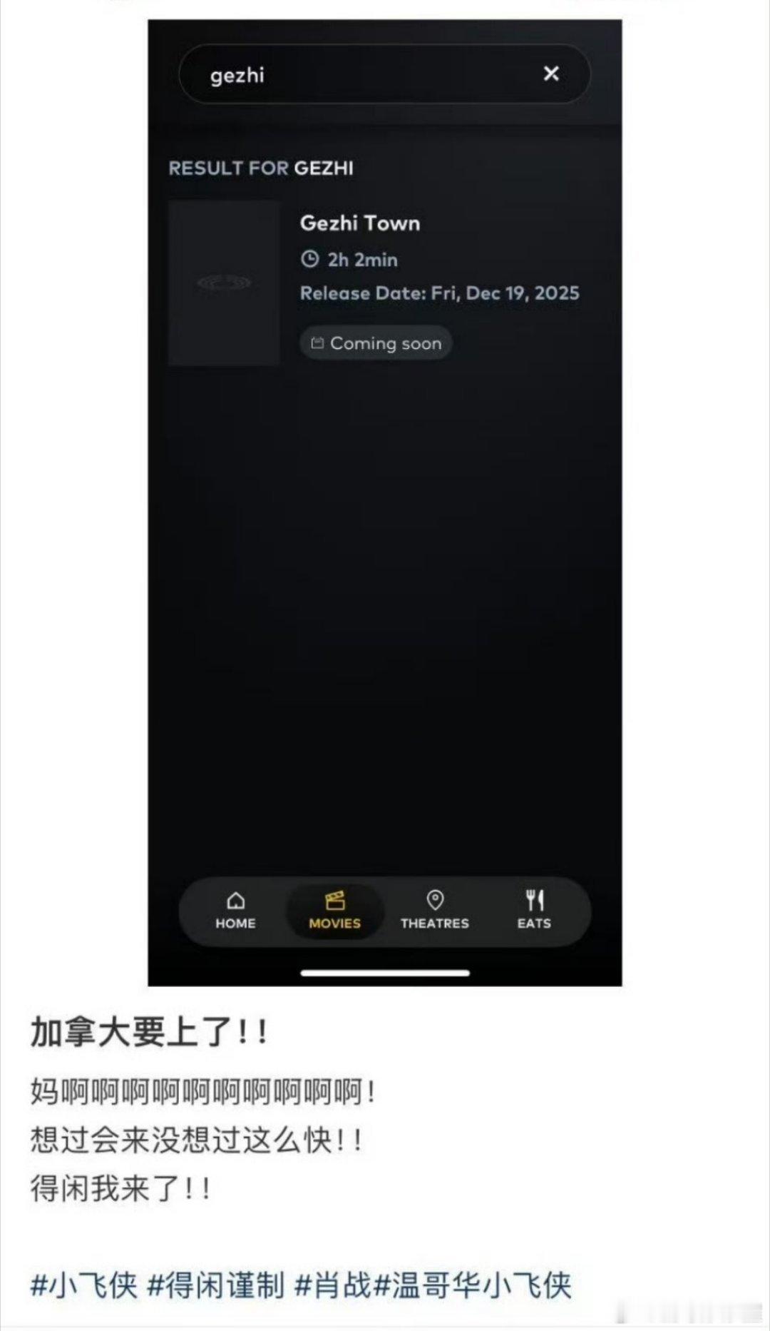 肖战《得闲谨制》1209加拿大将上映！英文名为《GezhiTown》（戈止镇）