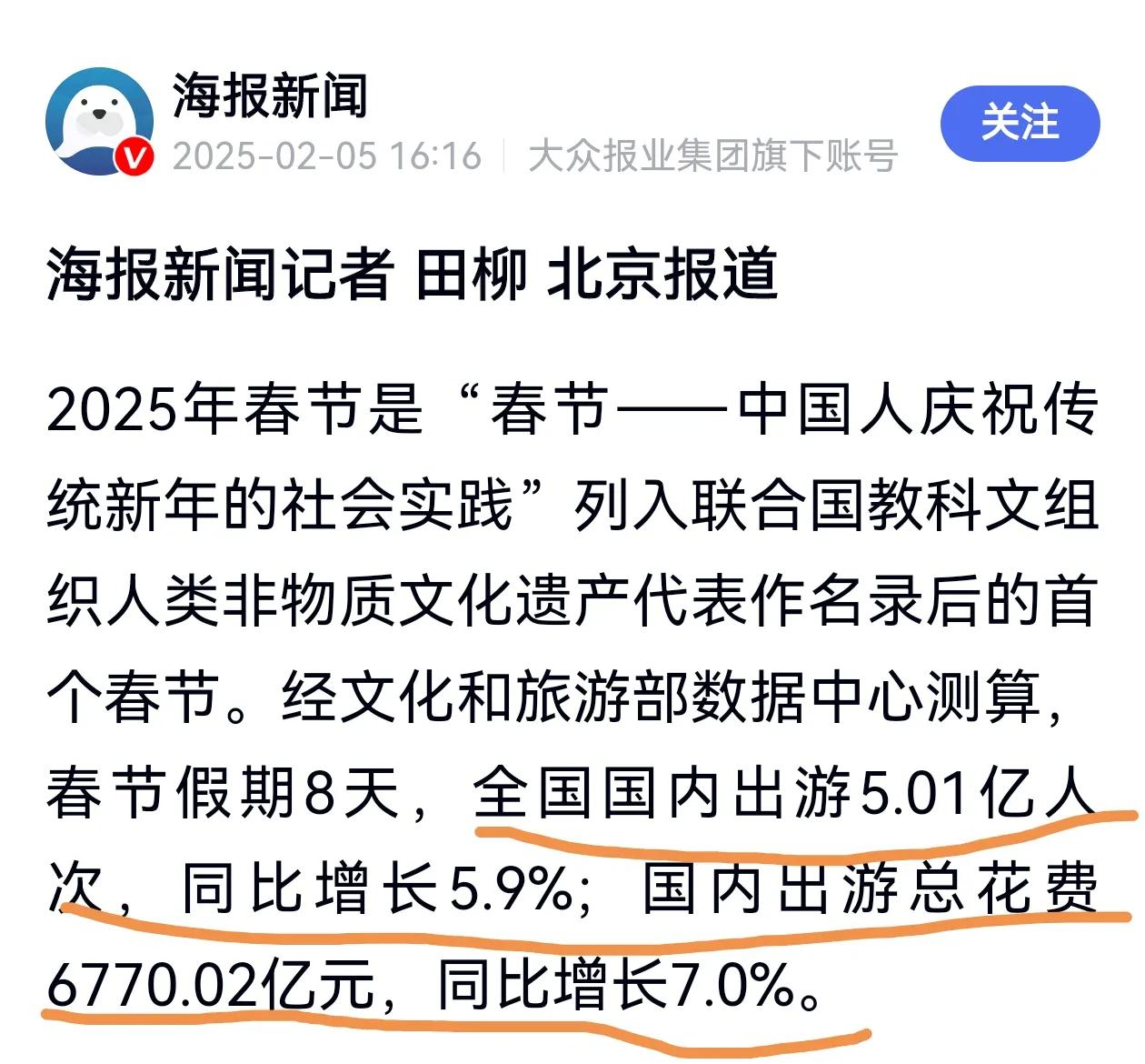 春节期间的消费数据统计已出来，5亿人，6700亿消费，8天，每天人均167元