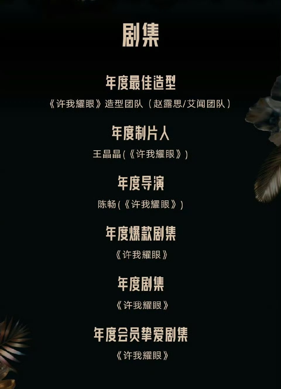 恭喜赵露思主演的许我耀眼横扫六个奖项年度最佳造型年度制片人年度导演年度爆款剧集年