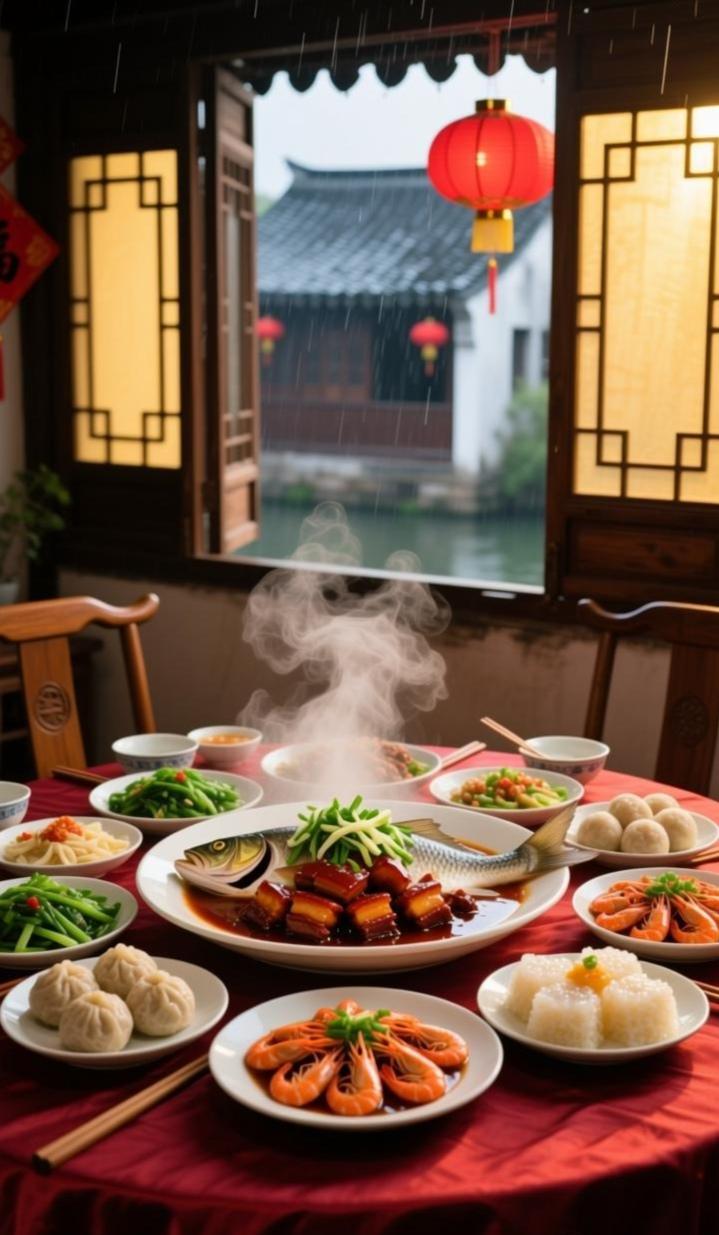红色圆桌上摆满了热气腾腾的江南式佳肴：中央是红烧鱼配葱丝，周围环绕着清炒时蔬、白