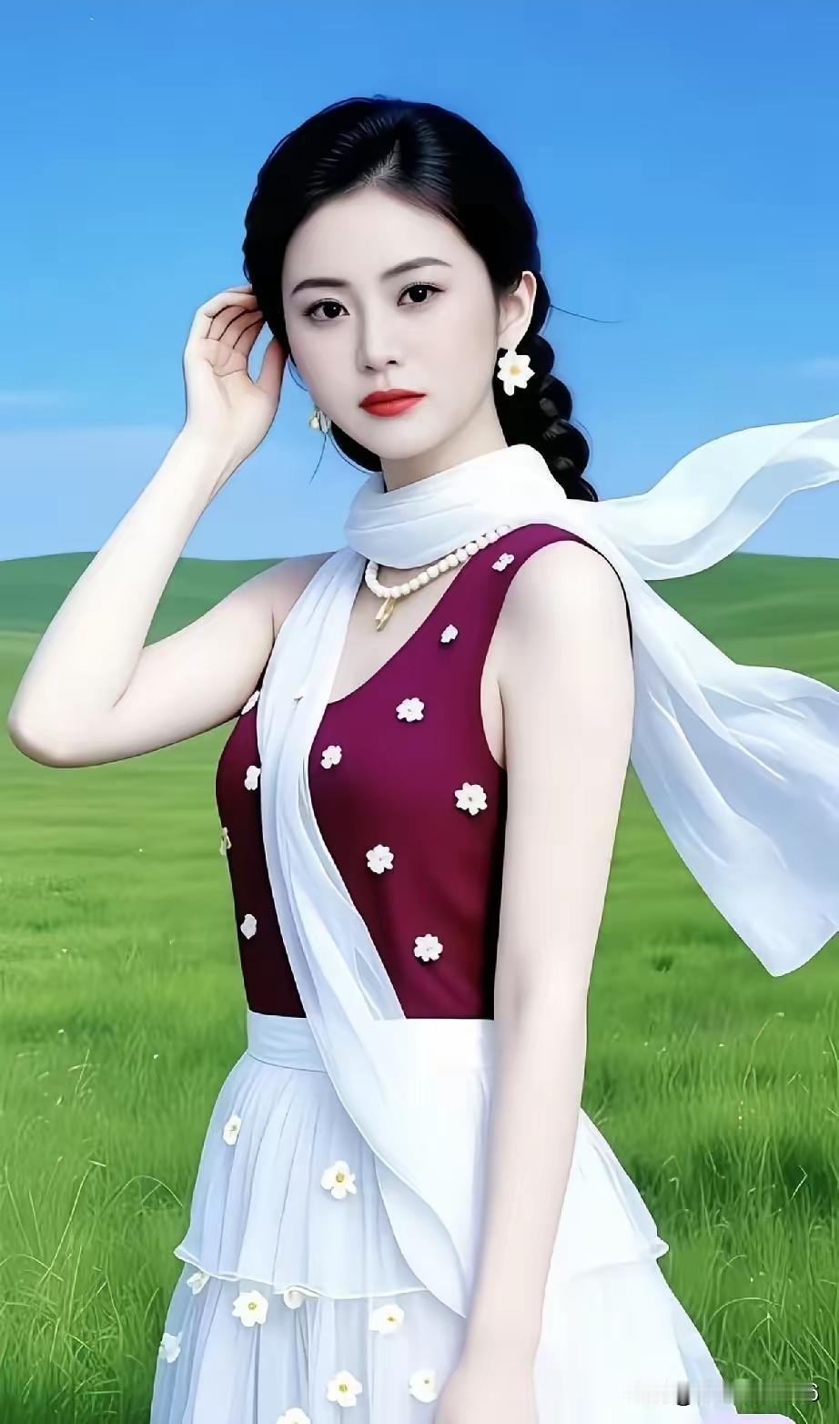 这个美女站在草地上，穿着漂亮。