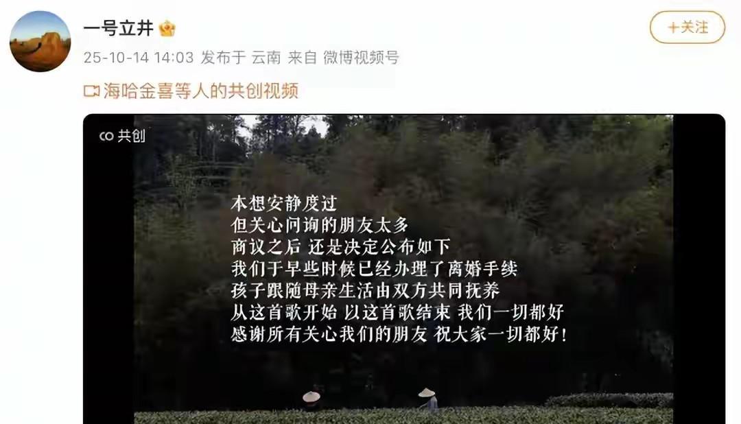 李亚鹏和海哈金喜，离婚了。没吵没闹，没撕财产，她直接转身走人，孩子自己带。他