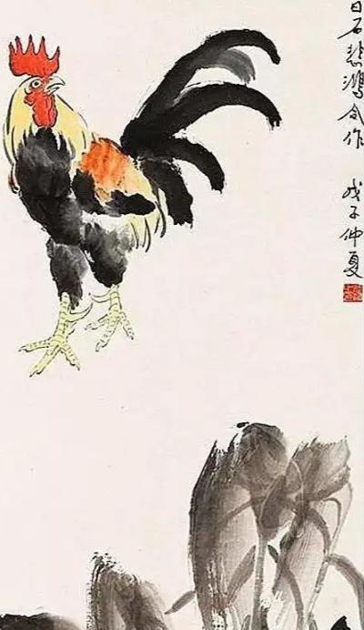 1947年除夕，徐悲鸿为挚友刘金涛作画，刚画完两只公鸡，突然停电了。一时间没办法