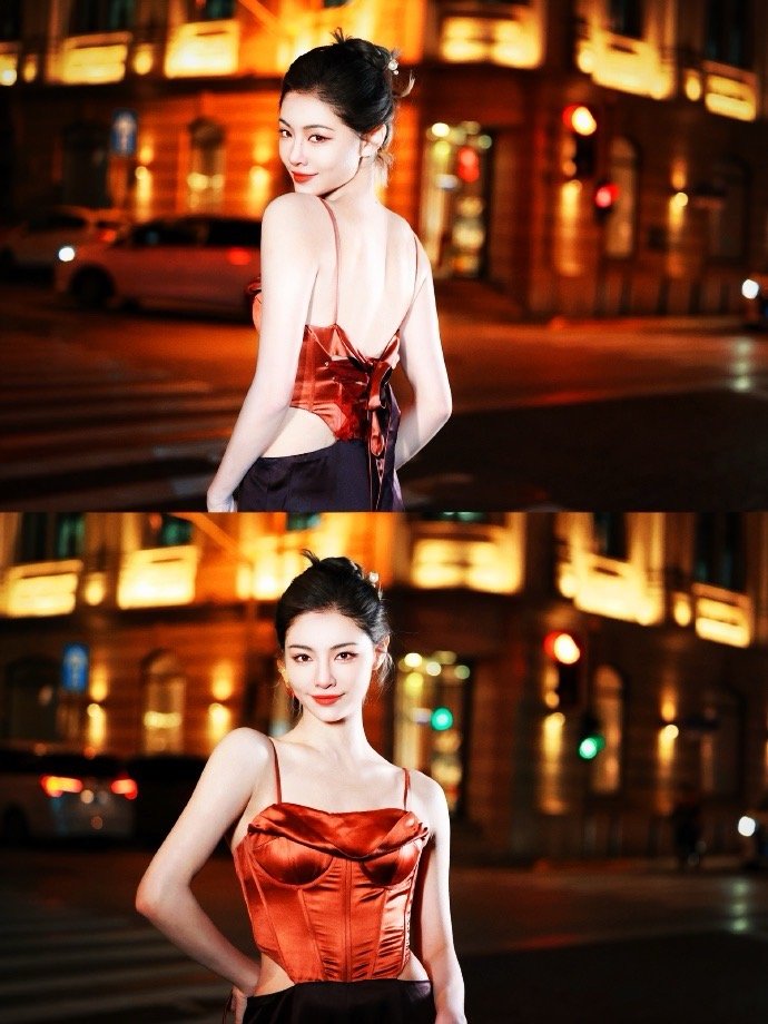 许佳琪身着飘逸开叉长裙，如冬日暖阳般明媚动人。她的微笑宛若春日绽放的花朵，眼波