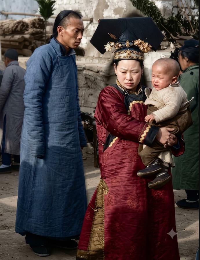 清末街头，一位满族妇女携子出行，她头戴大拉翅旗头，身着厚质旗装，怀抱着一名年幼男