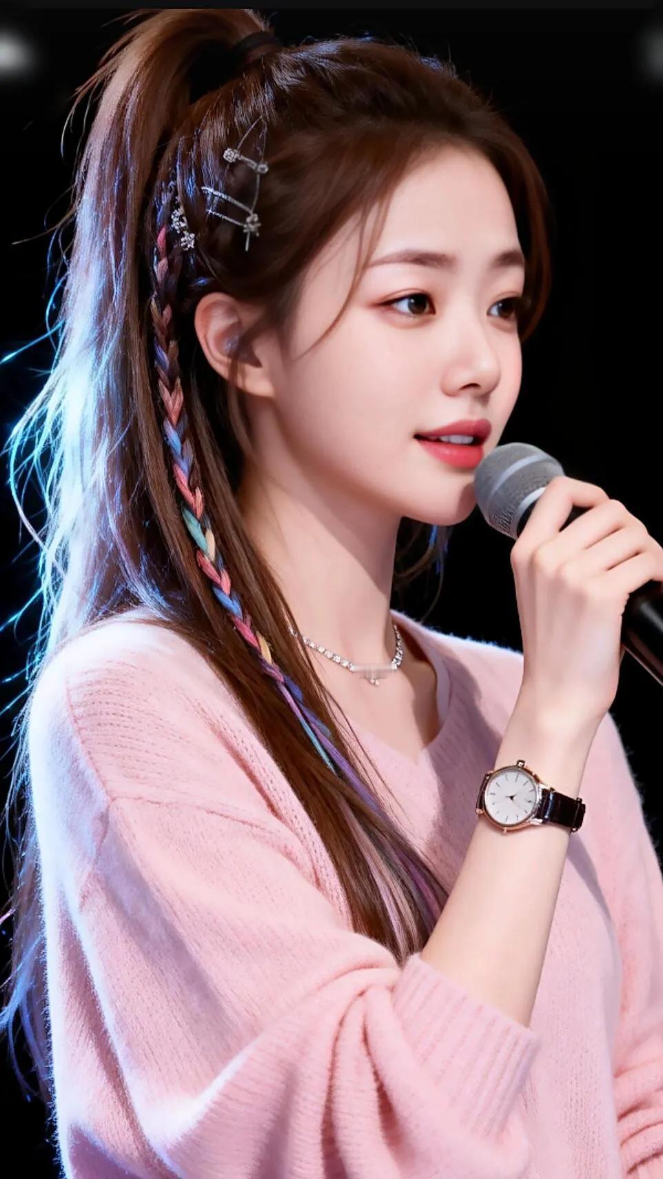 元气少女甜美演绎，粉色毛衣搭配精致发饰，温柔动人