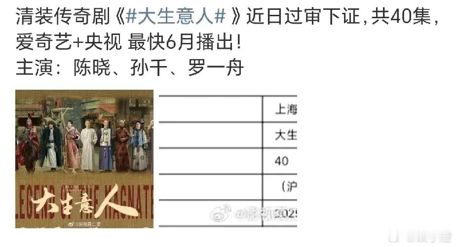 爱奇艺又一部大剧《大生意人》下证瓜主说暂定6月播，估计是要等央八排播上星，央八暂
