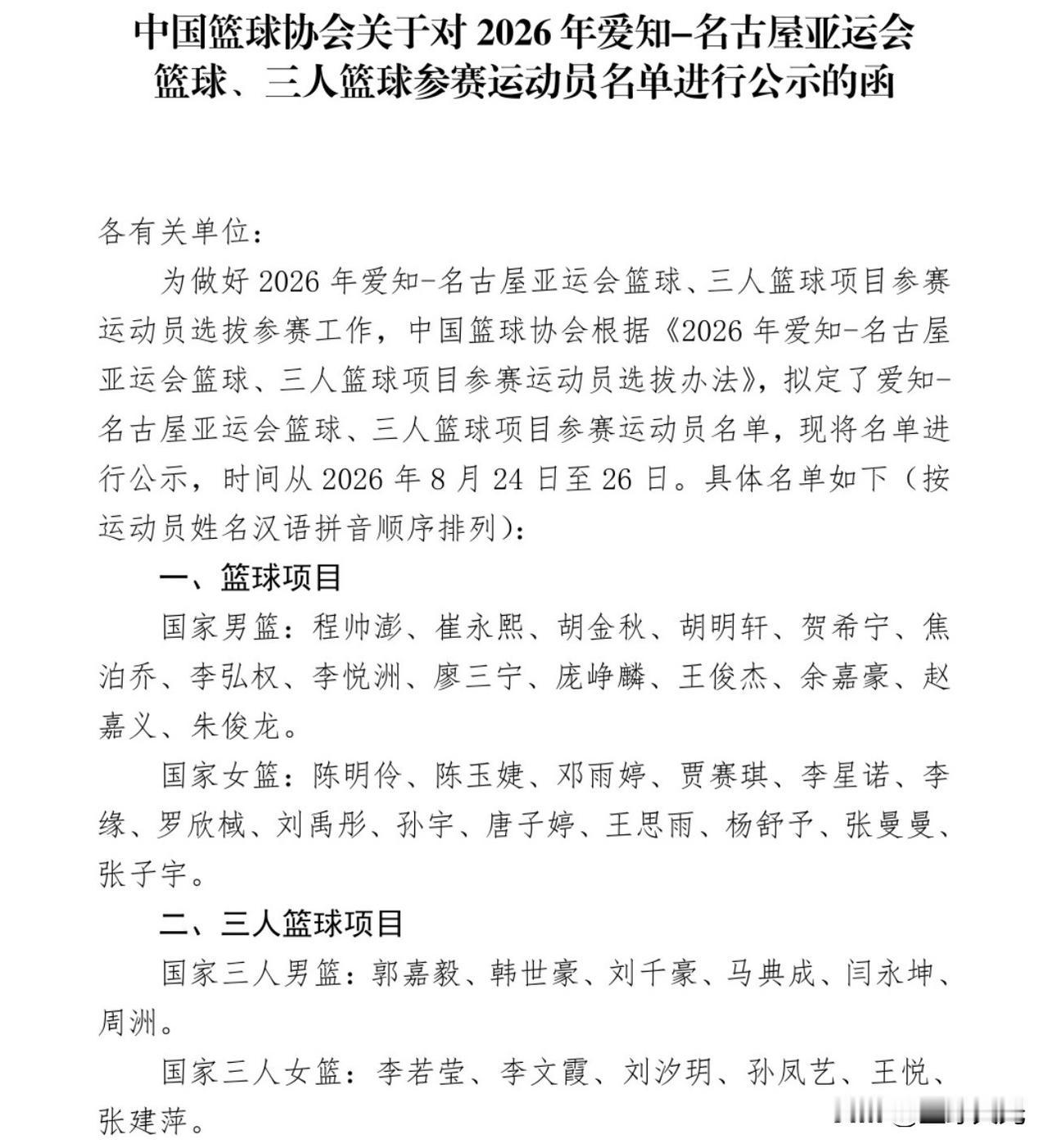 中国男女篮全主力出战亚运会，日本男女篮二队参赛。中国篮协公布各项参赛名单