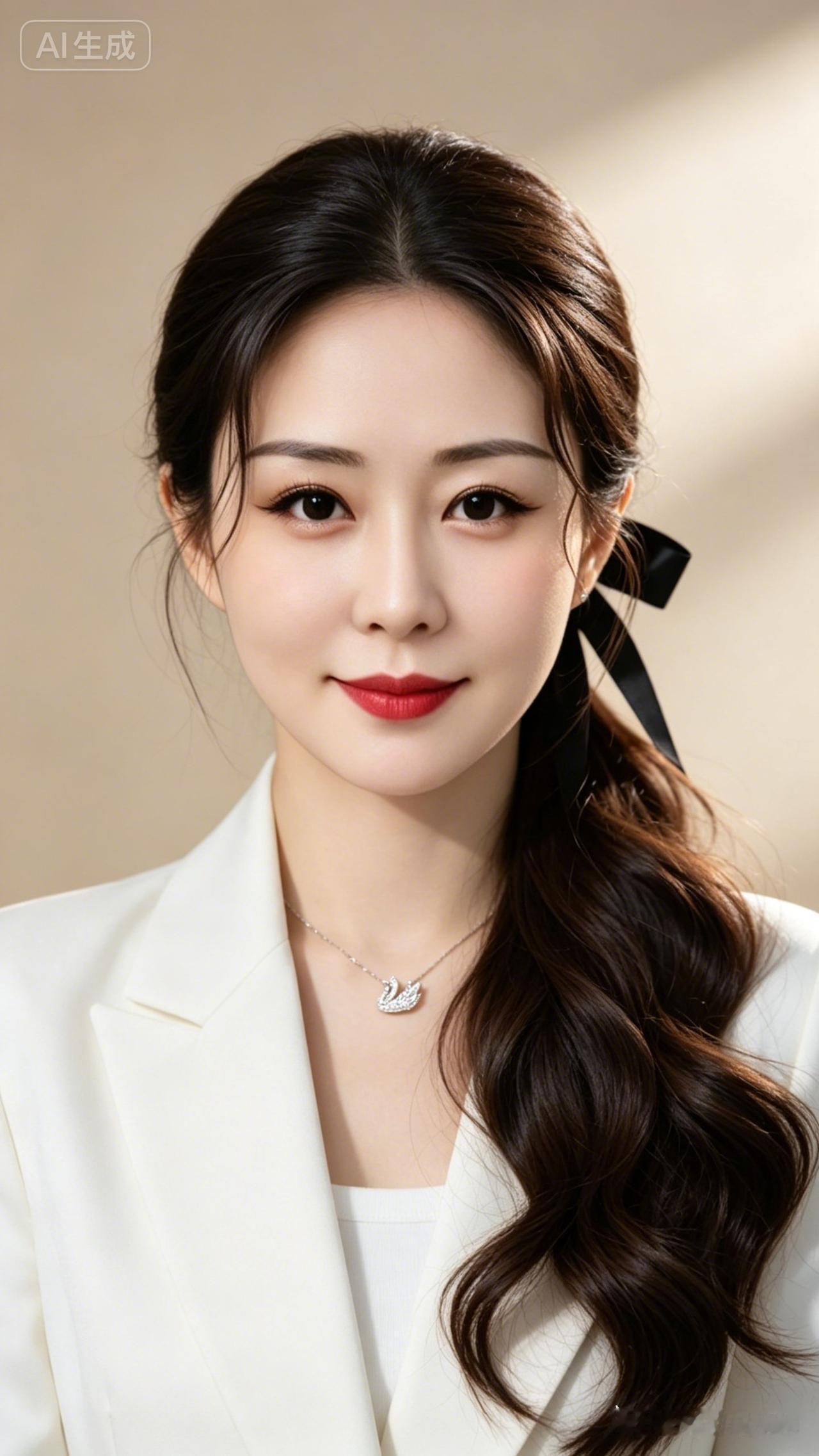 女子低眸含笑。棕发束成波浪低马尾，白西装利落雅致，银饰项链与耳钉精致亮眼。柔光笼