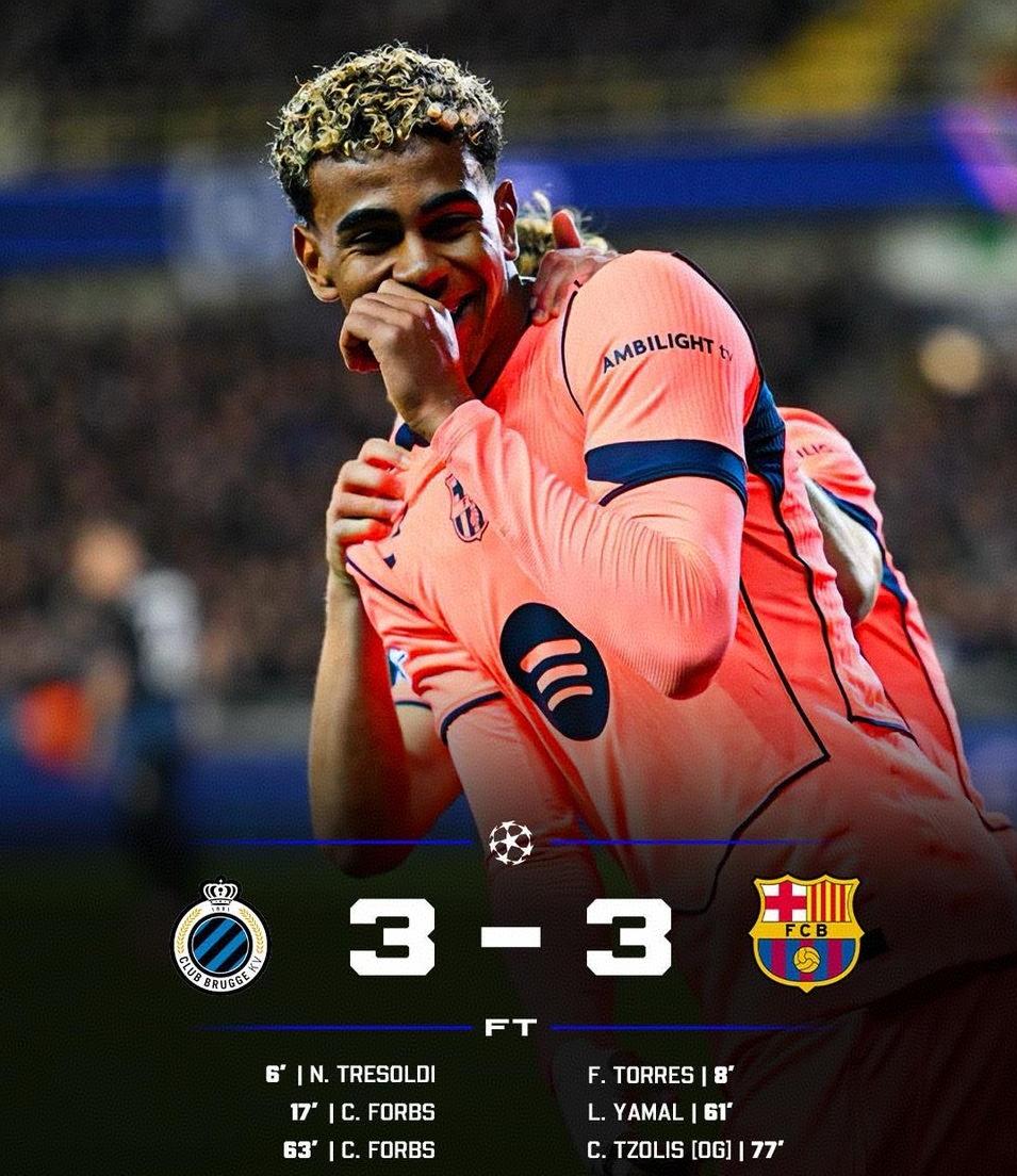 不出意外还是出了意外！巴萨在欧冠赛场三次落后三次追平，客场3-3战平布鲁日，制