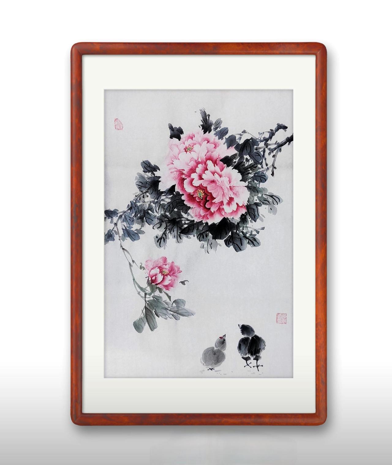 一枝牡丹压群芳，两只小鸡凑热闹。牡丹作品欣赏国画牡丹花开富贵国画里的牡丹原