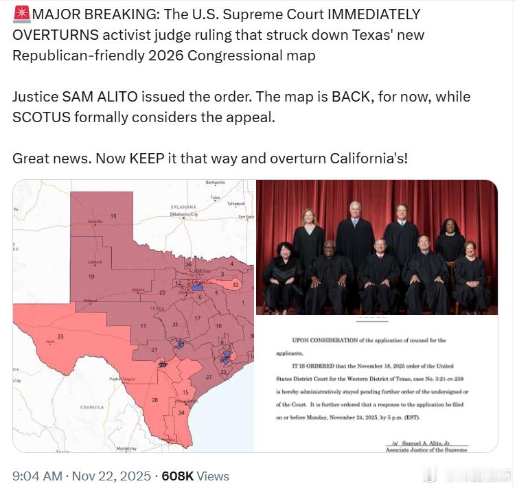美国最高法院推翻了一名“激进法官”裁定德州2026年有利共和党的新国会选区地图无