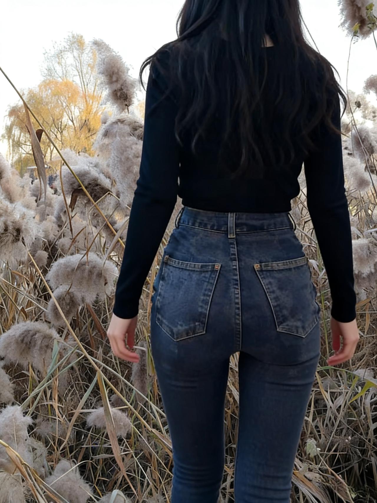 荻花如雪覆汀洲，佳人背立思悠悠。黑衣曳影凝寒碧，牛仔裁云映素秋。长发垂波沾晓