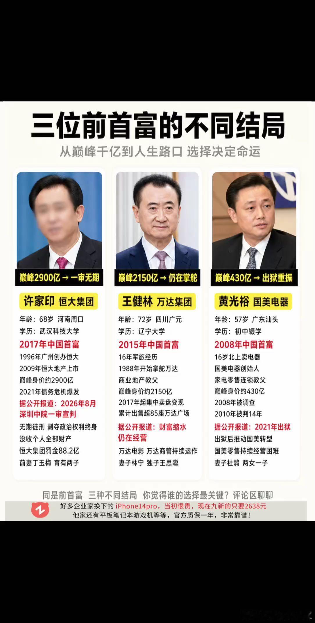 三位前中国首富的不同结局，起落只在一念间。恒大集团许家印恒大破产王健林黄
