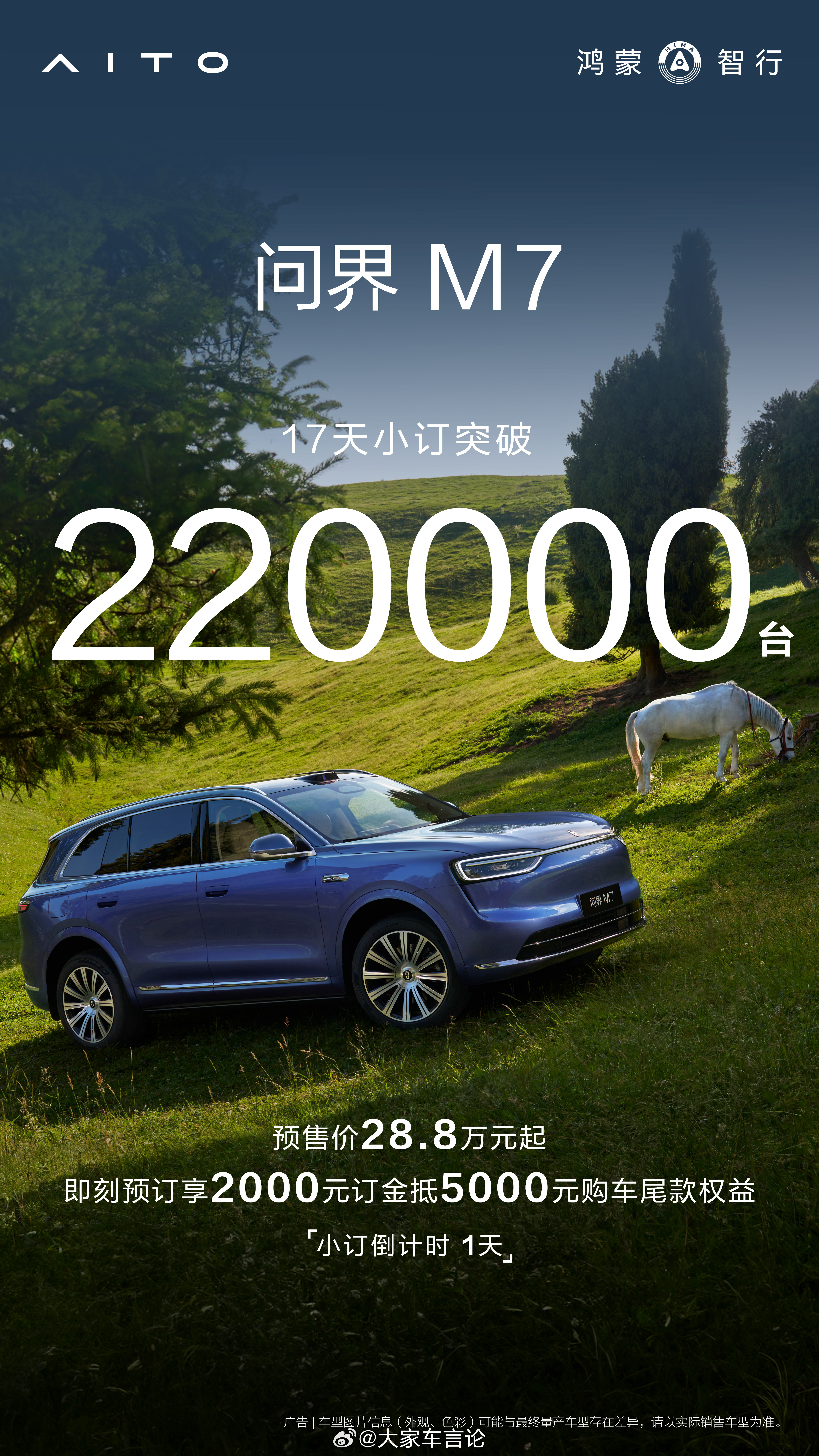 明天正式发布的两台新车，全新问界M7和尚界H5，前者小订破22万，后者已经解锁3