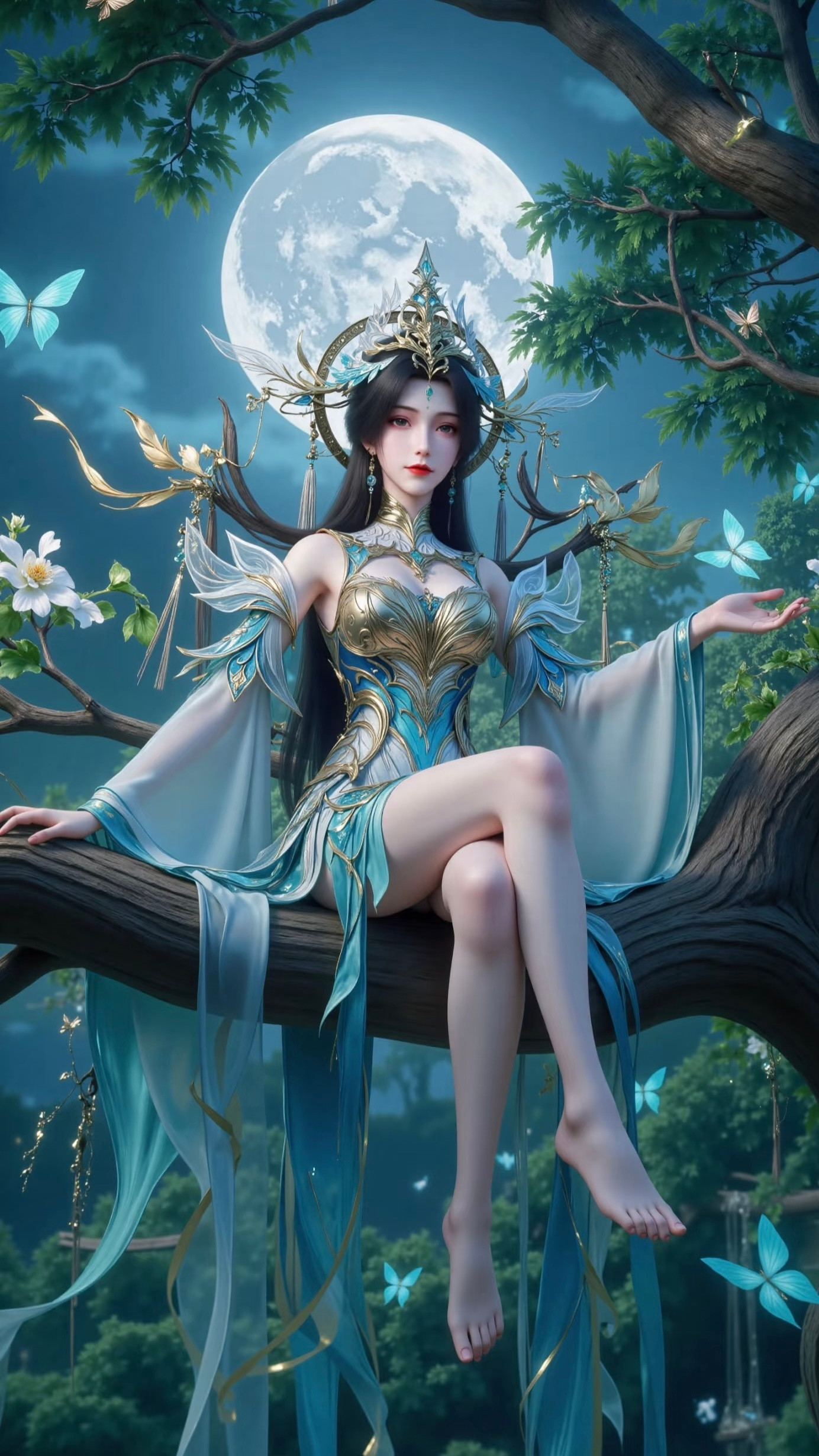 完美世界柳神【精致美图】侧坐树梢，美丽动人！​​​