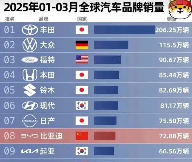 不敢相信，比亚迪仅仅名列第8，中国汽车的发展还任重道远。2025年1-3