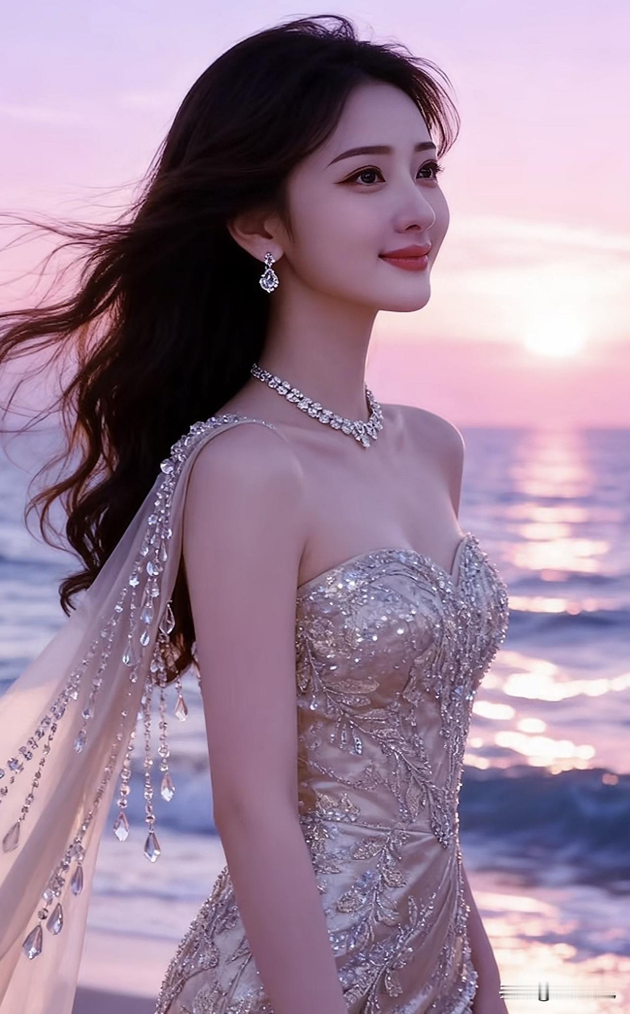 海边日落下的梦幻婚纱，闪耀的珠宝与温柔的笑容相映成趣。婚纱梦幻景唯美意境婚纱