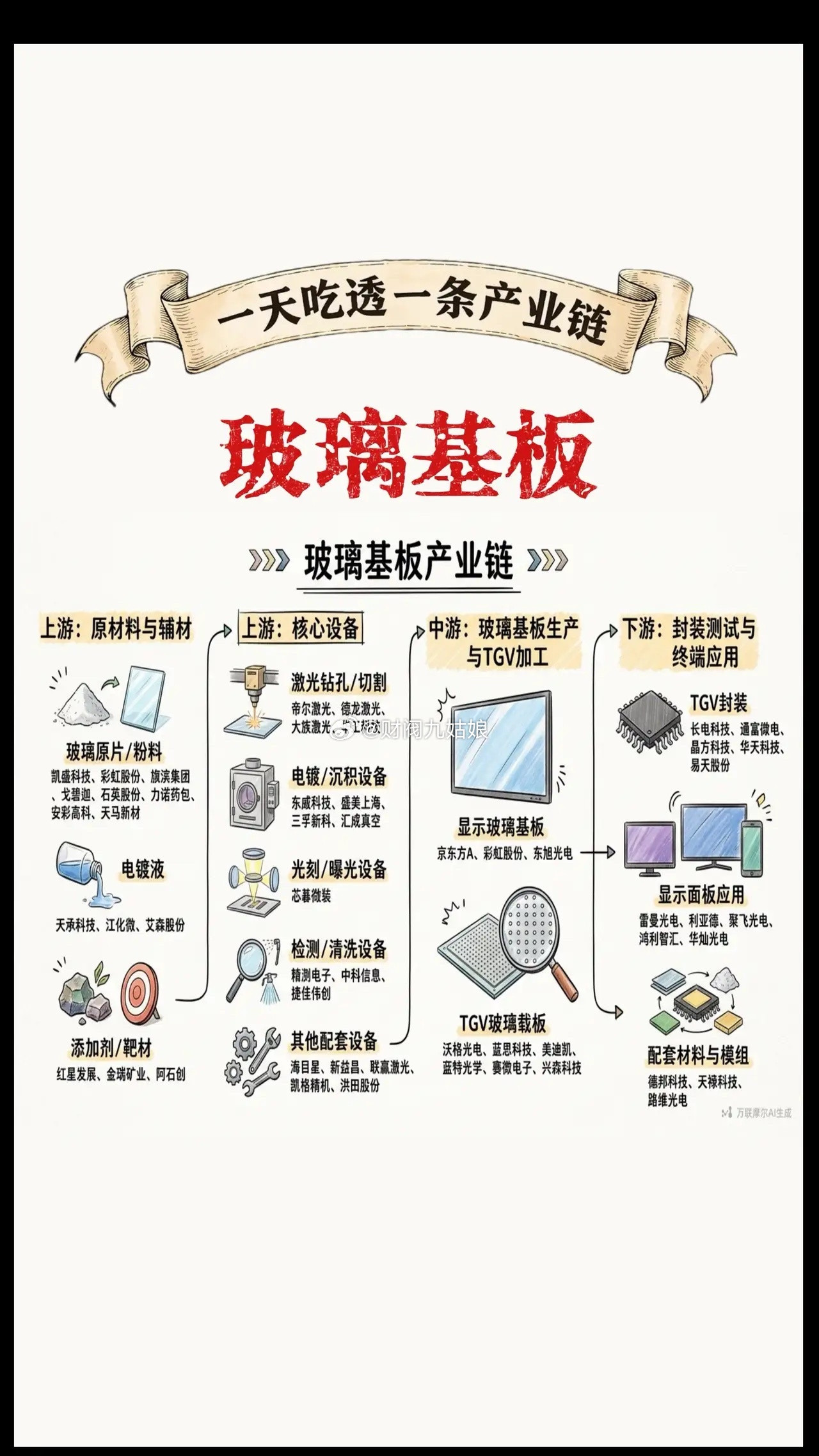 玻璃基板产业链梳理玻璃基板是超薄高纯度特种玻璃板材，通过微米级打孔金属化制成线路