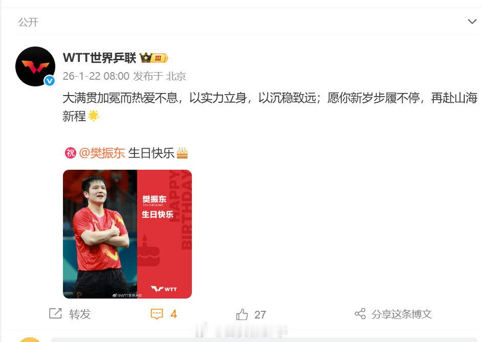 【WTT愿樊振东新岁步履不停】WTT愿樊振东再赴山海新程1月22日，WTT世界