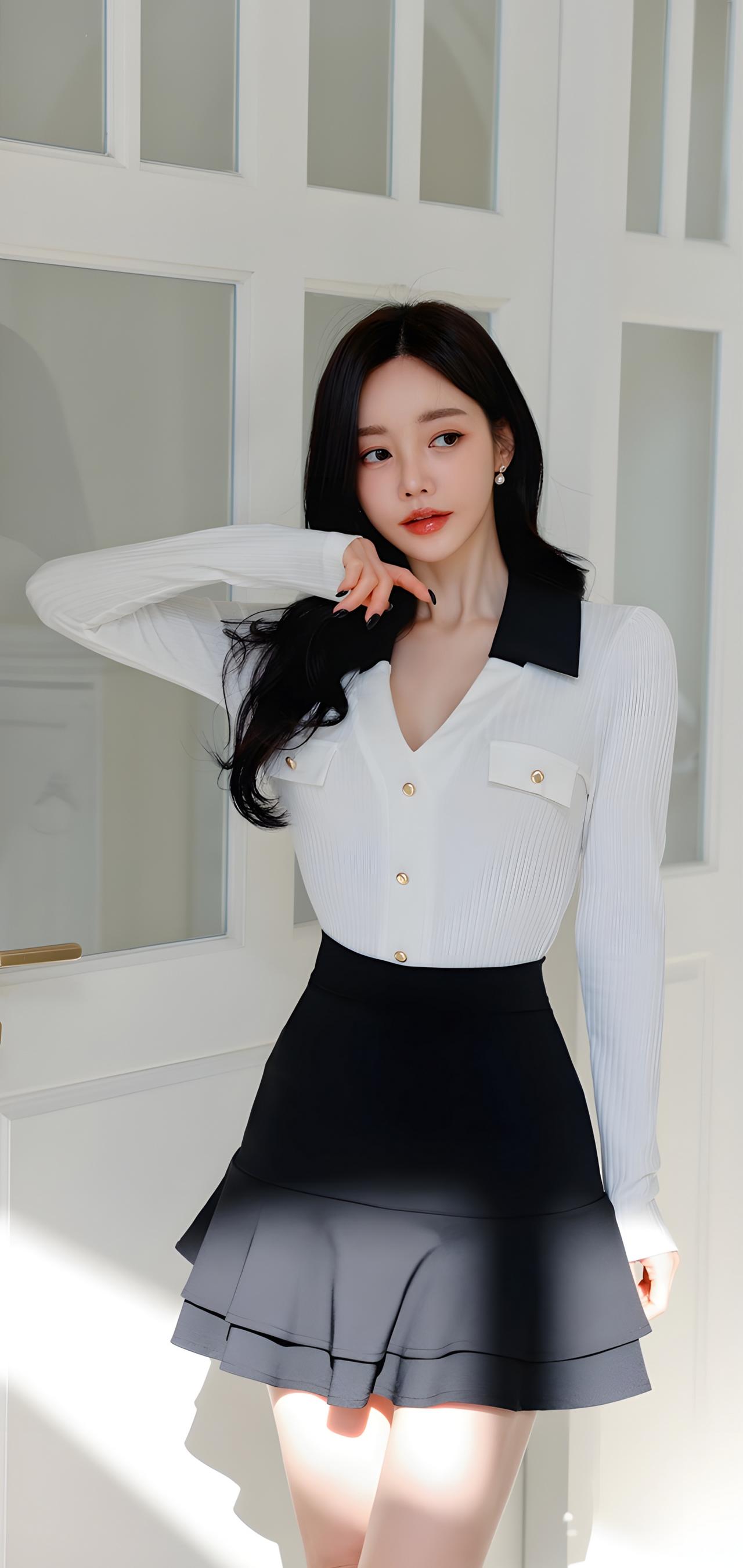 优雅白衬衫搭配黑色短裙，甜美又时尚！💕✨